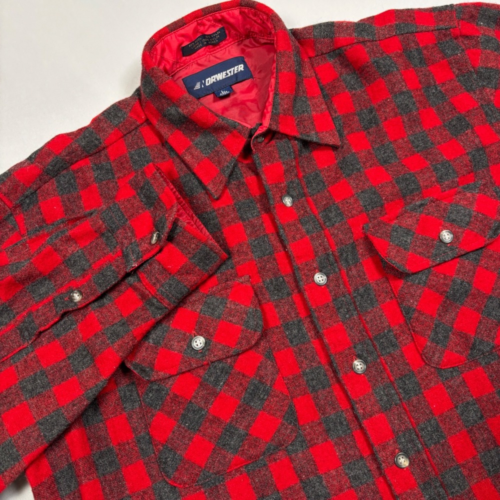 Norwester Shirt Jacket Mens L Red Grey Buffalo Plaid Wool Blend Quilted Lined